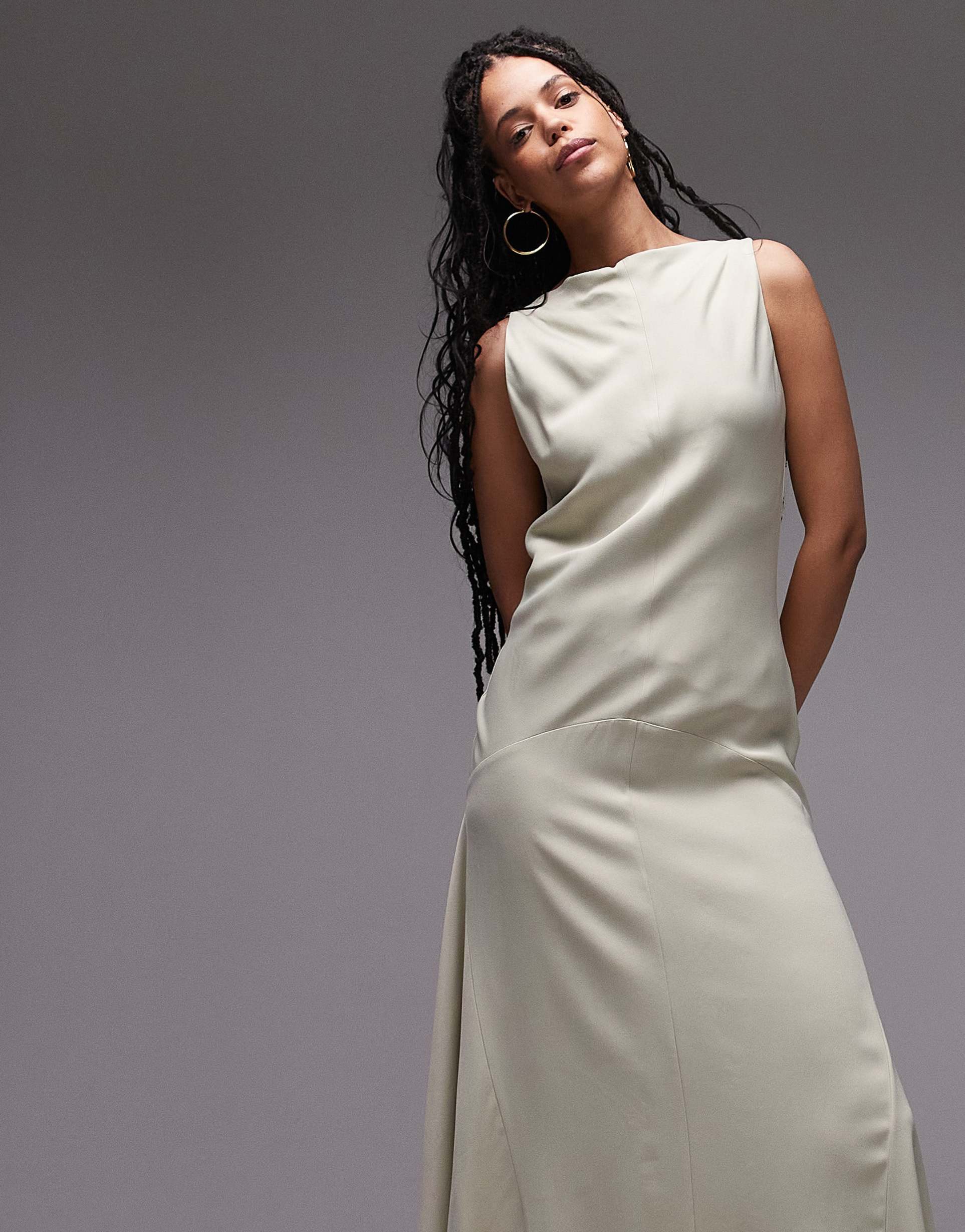 mango capsule sleeveless dropped waist maxi dress in pale green