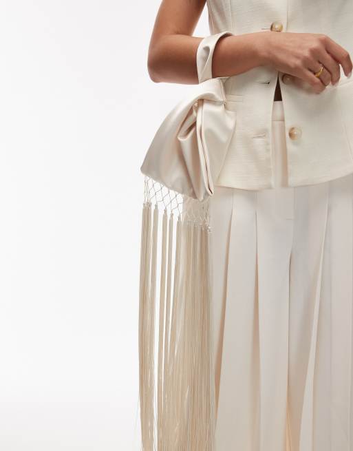 Mango capsule small satin bag with tassel fringe in off white