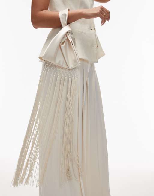 Mango capsule small satin bag with tassel fringe in off white