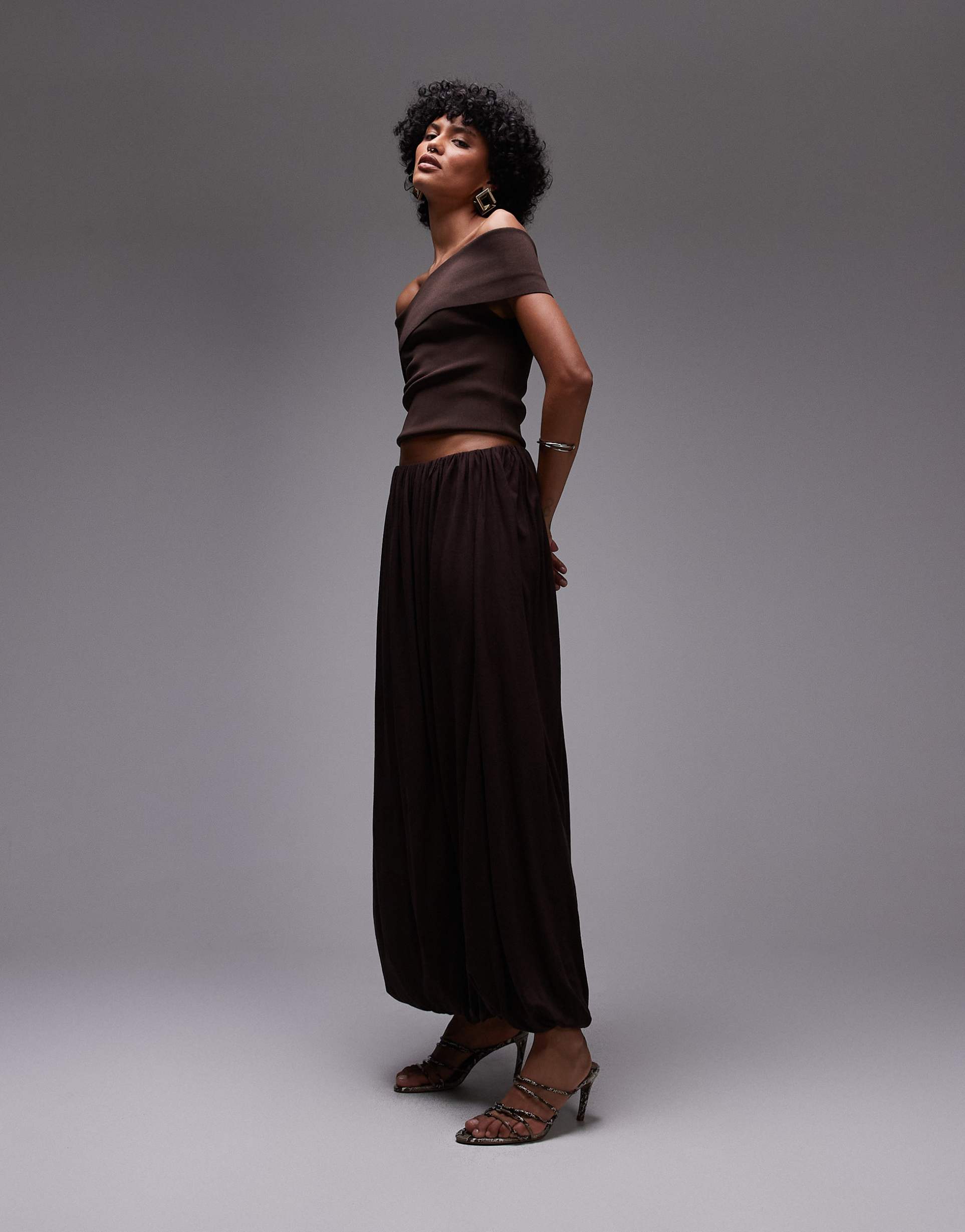 mango capsule soft drape maxi skirt in deep chocolate