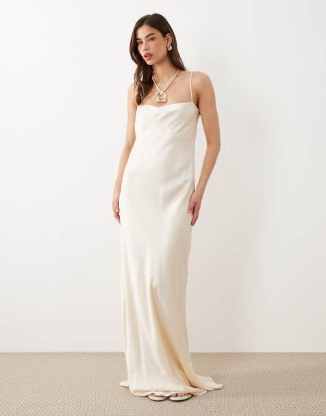 Mango Capsule square neck strappy maxi dress in cream - view 1