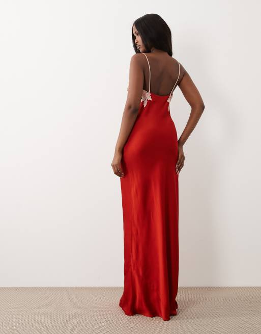 Mango Capsule strappy maxi dress with lace detail in red | ASOS