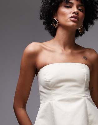 Mango Capsule Structured Linen Mix Peplum Bandeau Top-yellow In White
