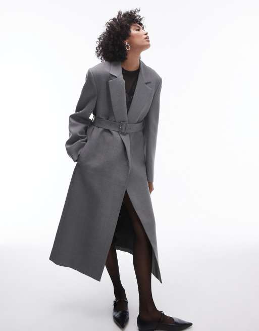 Mango Capsule structured wool coat with belt in grey