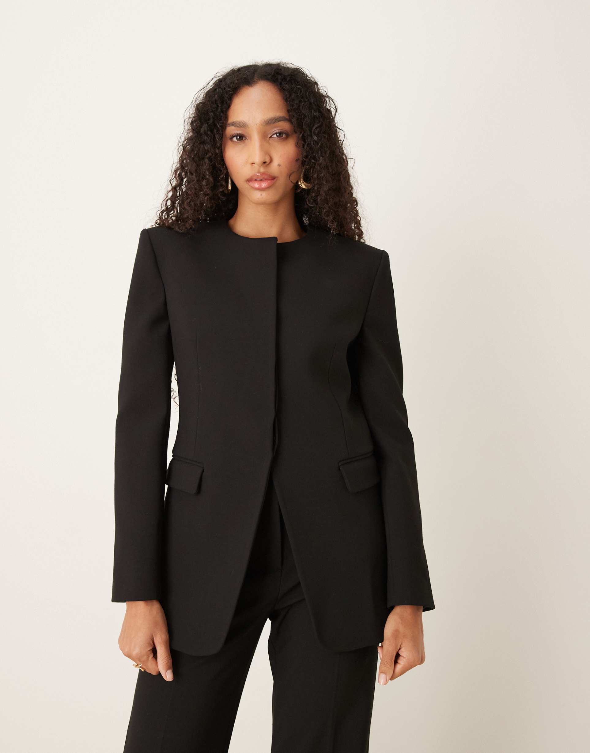 mango capsule tailored collarless statement shoulders blazer in black - part of a set