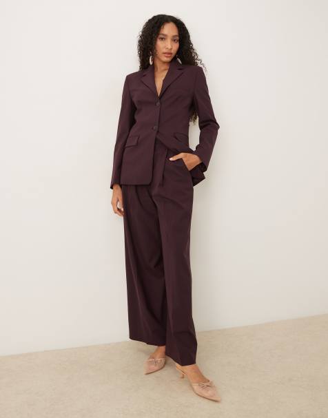Mango Capsule tailored pleat front relaxed fit trouser co-ord in plum - view 1