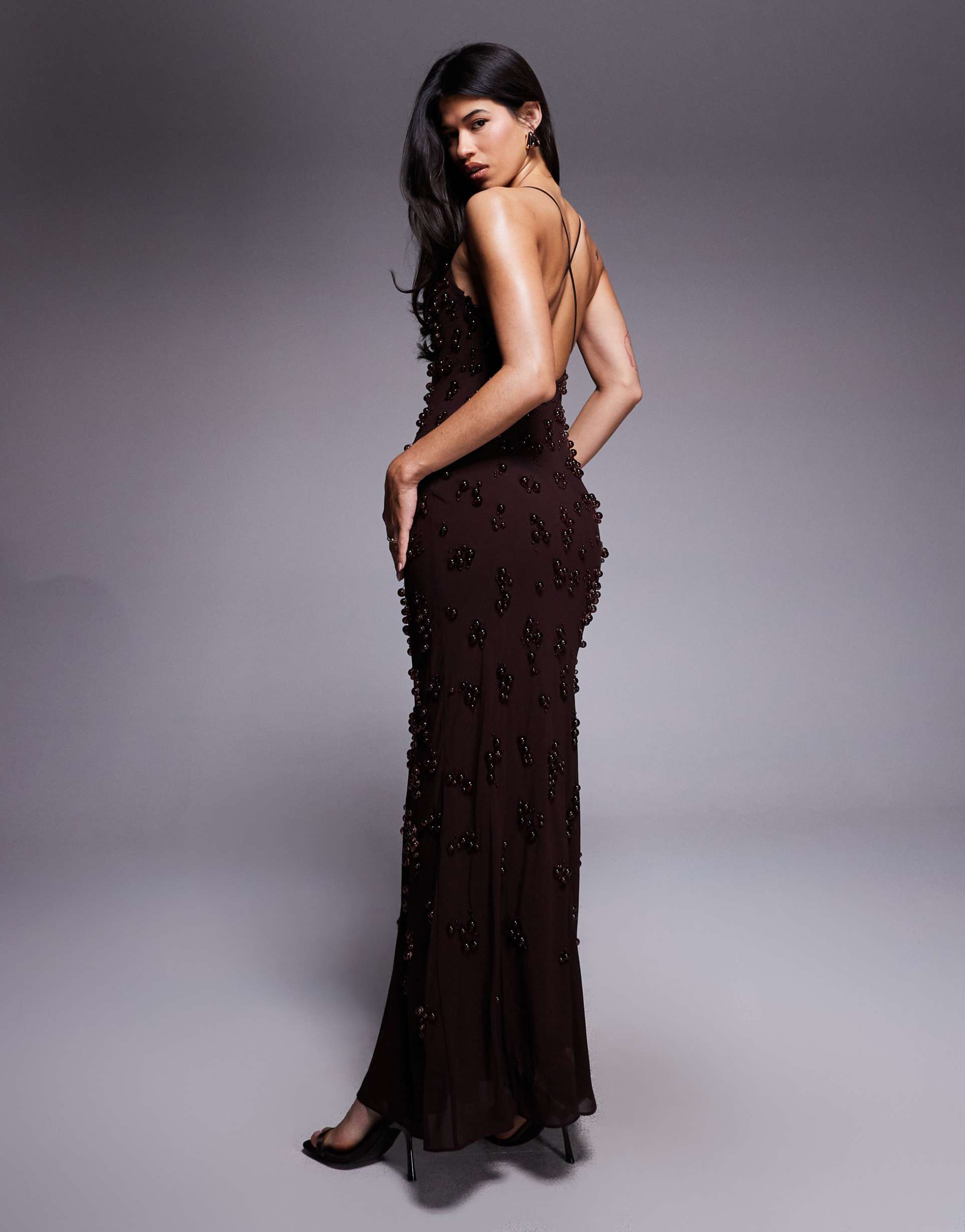 mango capsule textured strappy maxi dress in chocolate
