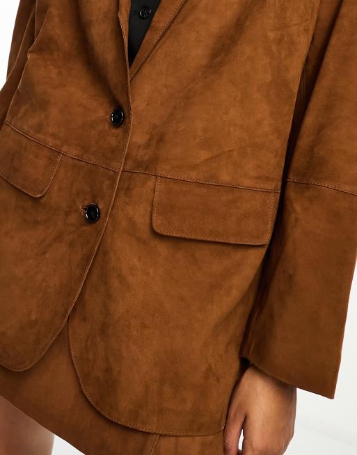 A&M Express Veste blazer en daim marron pour femme – Manteau surdimensionné décontracté style streetwear, marron, S