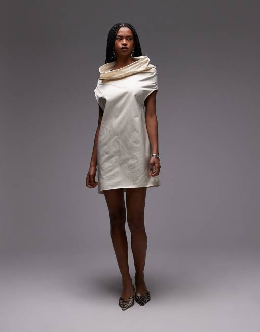 Mango - Capsule - Vestito corto in raso premium color ostrica con dettagli arricciati sul collo