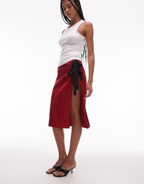 Mango capsule crinkle effect midi skirt with ruched side in cherry red 