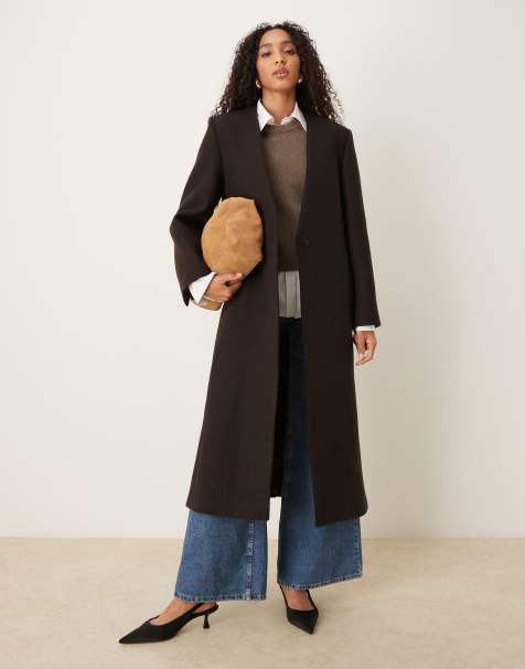 Mango Capsule wool mix collarless tailored maxi coat in brown - view 1