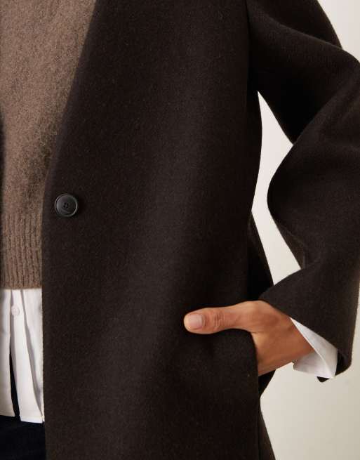 Mango Capsule wool mix collarless tailored maxi coat in brown, 3 of 4