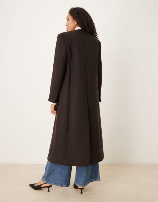 Mango Capsule wool mix collarless tailored maxi coat in brown, 4 of 4