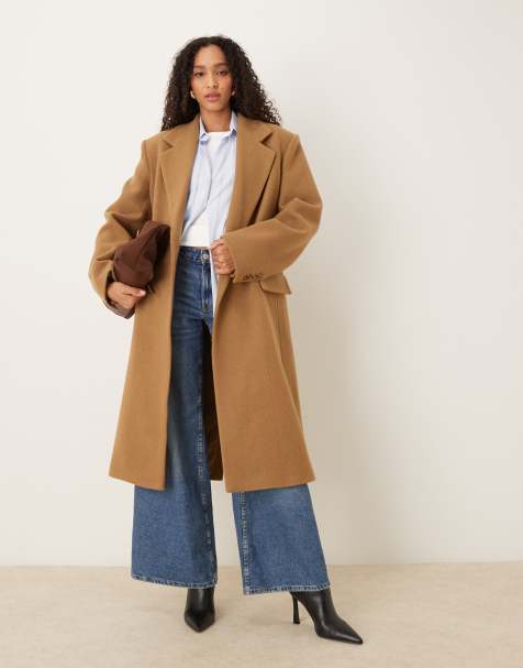 Mango Capsule wool mix statement shoulder tailored midi coat in tan - view 1