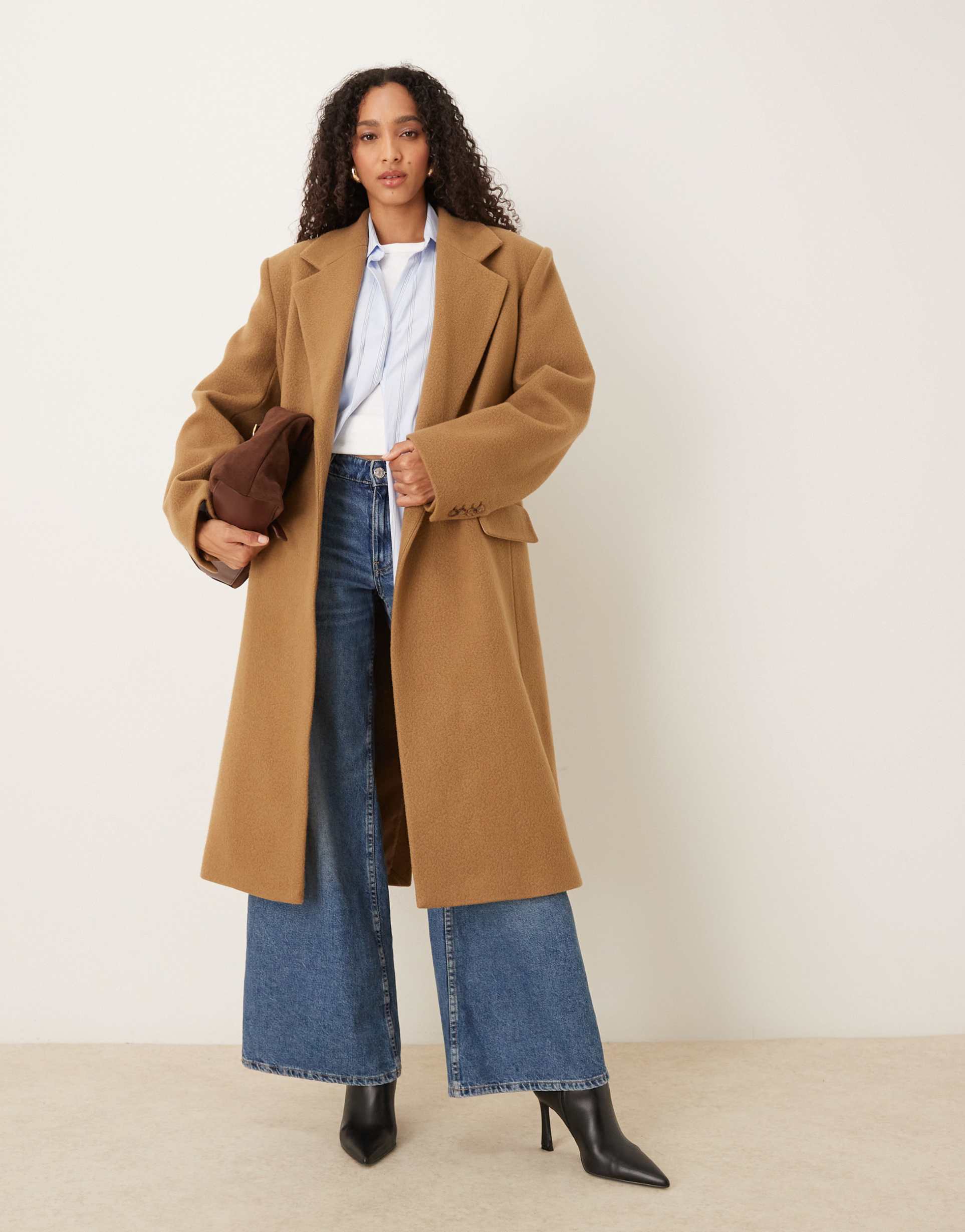 mango capsule wool mix statement shoulder tailored midi coat in tan