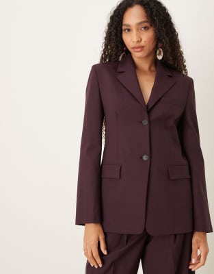 Mango Capsule Wool Mix Tailored Blazer In Burgundy