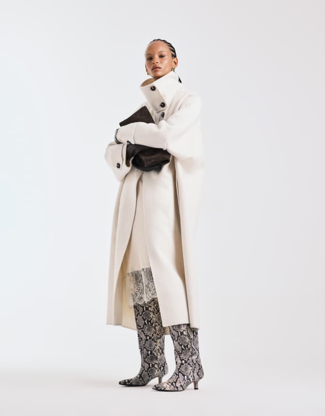 winter white wool dress coat Mango Capsule mix tailored maxi in White wool maxi coat knit-bodice Mermaid Dress Long Black Pant Size:44