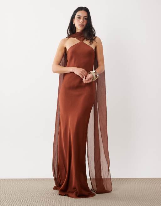 Mango - Capule - Vestito lungo in raso marrone con sciarpa, 3 di 4