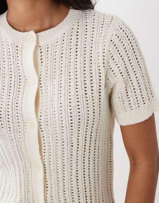 Mango - Cardigan a maniche corte in maglia di misto cotone color crema, 3 di 4