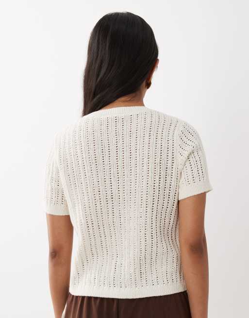 Mango - Cardigan a maniche corte in maglia di misto cotone color crema, 4 di 4