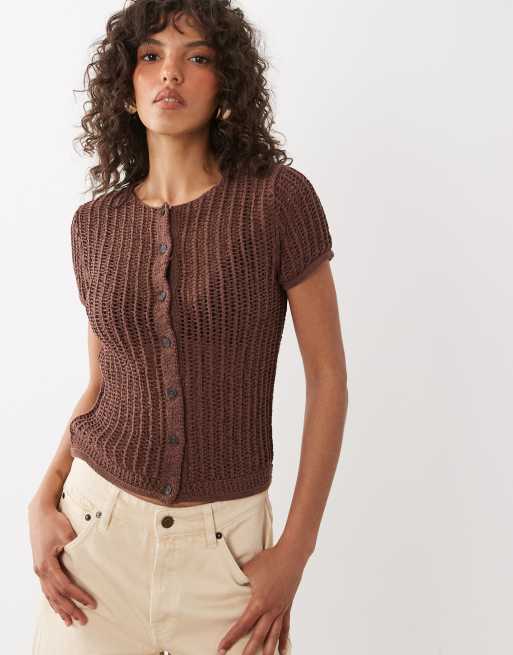 Mango - Cardigan a maniche corte in maglia marrone, 3 di 4