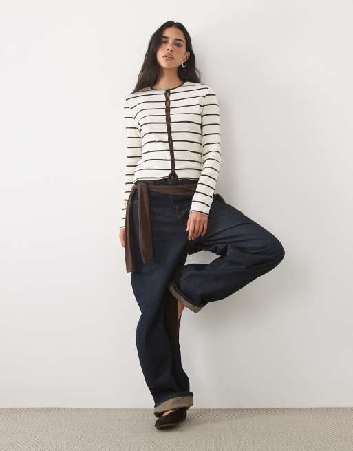 Mango cardigan a righe crema e marroni, 3 di 4