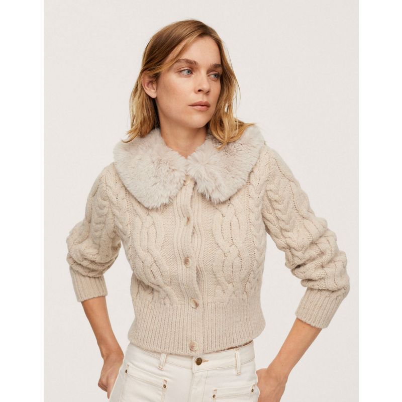 Cardigan Donna Mango - Cardigan in maglia a trecce marrone chiaro con colletto in pelliccia sintetica