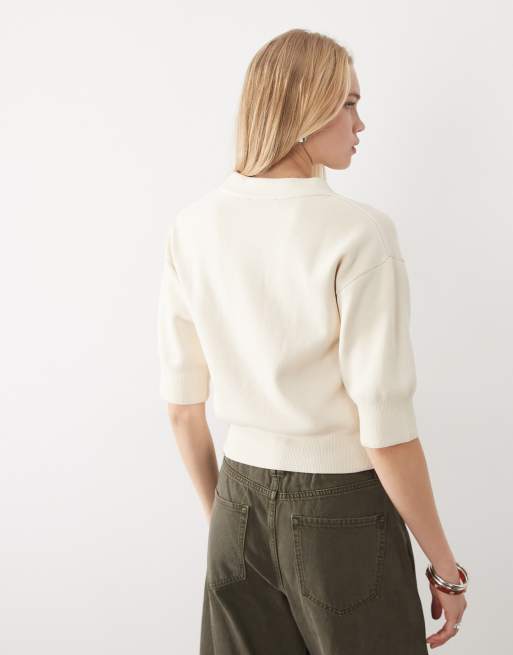 Mango cardigan in maglia compatta a maniche corte con bottone decorativo écru, 4 di 4
