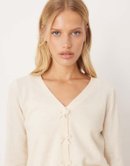 Mango - Cardigan in misto lana beige con fiocchi, 4 di 4