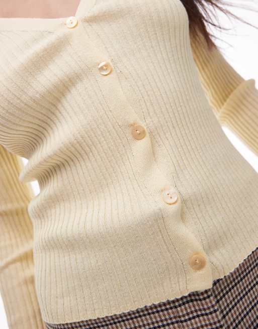 Mango - Cardigan in misto lino a costine giallo pallido, 3 di 4