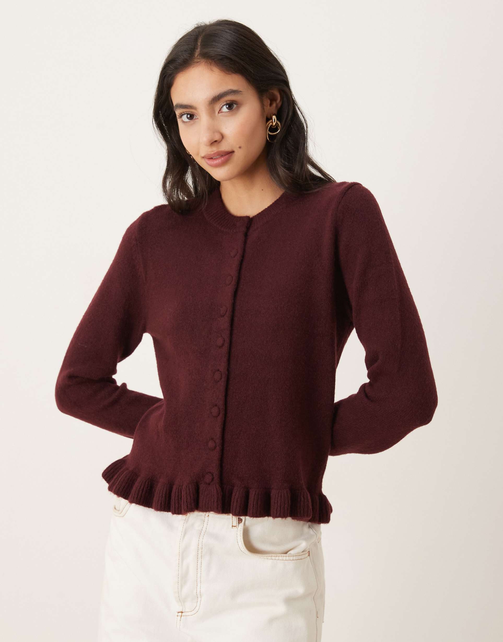 mango cardigan with peplum hem in burgundy