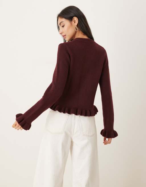 Mango cardigan with peplum hem in burgundy, 3 of 4
