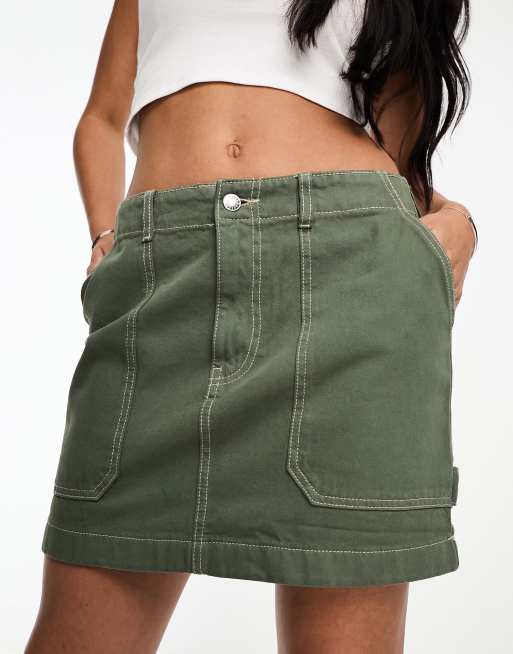 Green Mid Rise Cargo Mini Denim Skirt