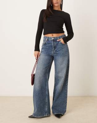 Mango Mango Caribe 100% cotton embellished wide leg jean in dark blue