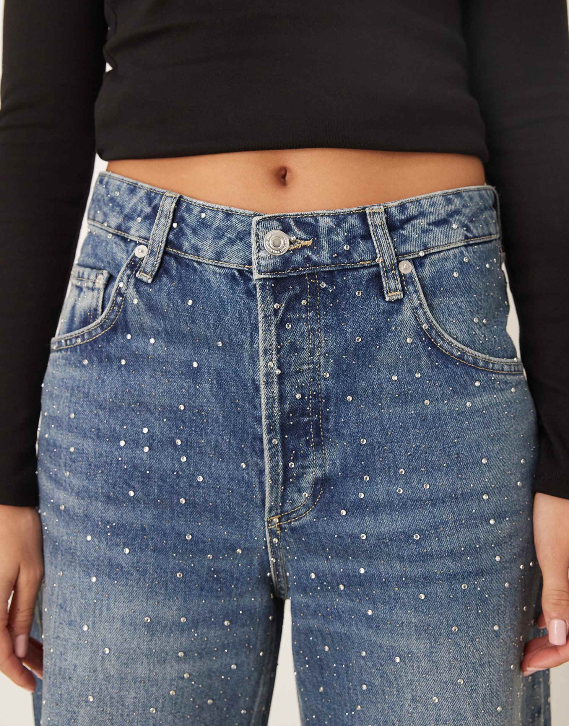 Mango Caribe 100% cotton embellished wide leg jean in dark blue