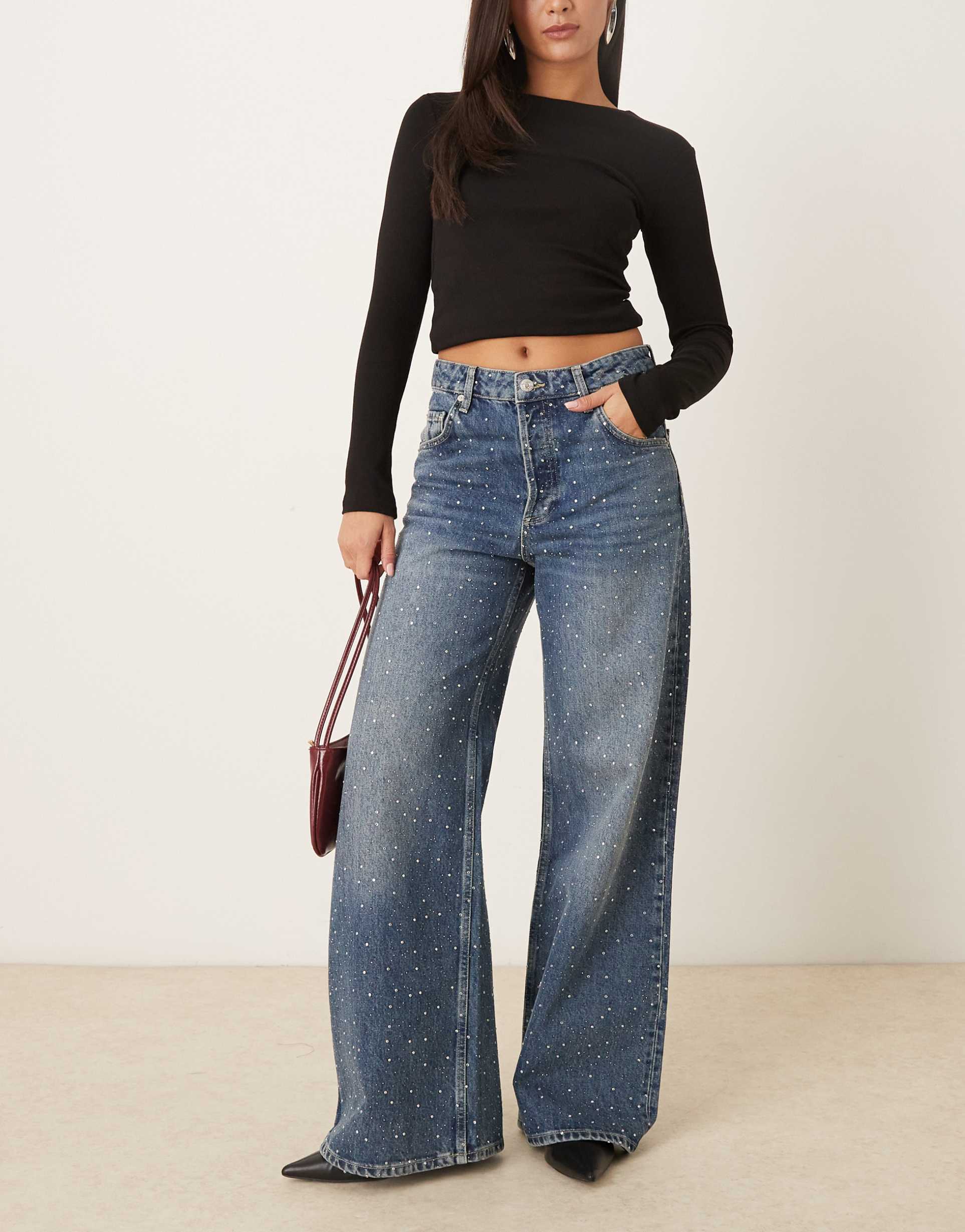 mango caribe 100% cotton embellished wide leg jeans in dark blue