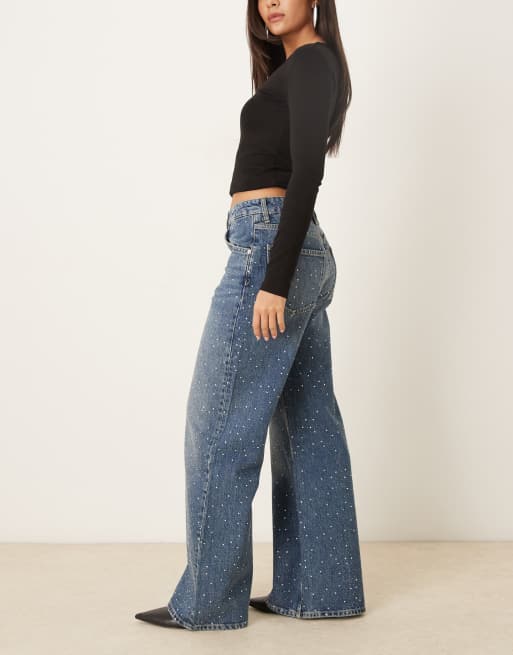 Mango - Caribe - Jeans van 100% katoen met wijde pijpen en versiering in donkerblauw, 3 van 5