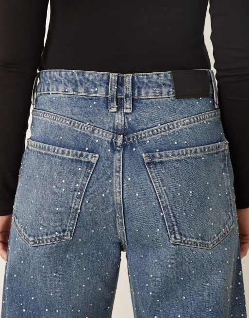 Mango - Caribe - Jeans van 100% katoen met wijde pijpen en versiering in donkerblauw, 4 van 5