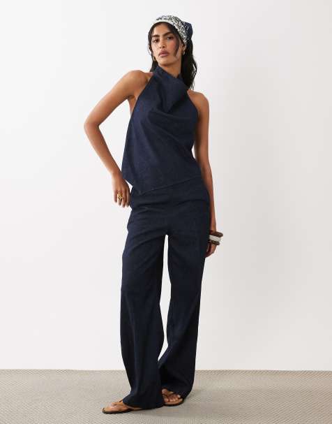 Mango - Carla - Co-ord set van denim top met halternek en broek van linnenmix in indigo - view 1