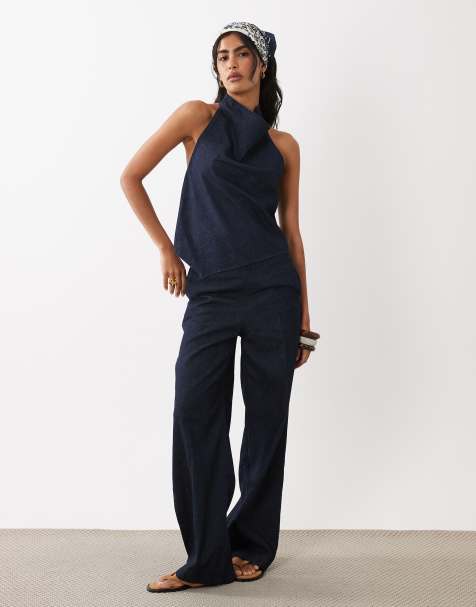 Mango - Carla - Denim broek van linnenmix in indigo, deel van co-ord set - view 1