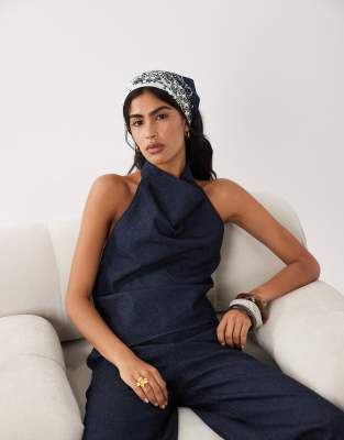 Carla - Top dos nu d'ensemble en denim et lin mélangé - Indigo-Bleu XS