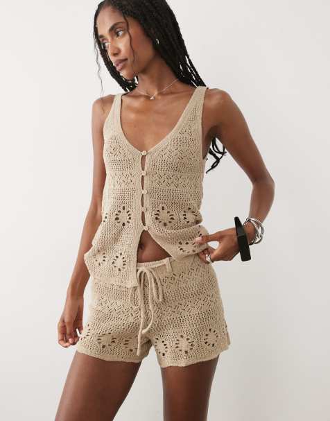 Mango - Casito - Beige strikkede shorts - Del af sæt - view 1