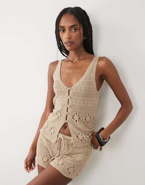 Mango Casito knit button front sleeveless top in beige - part of a set - view 1