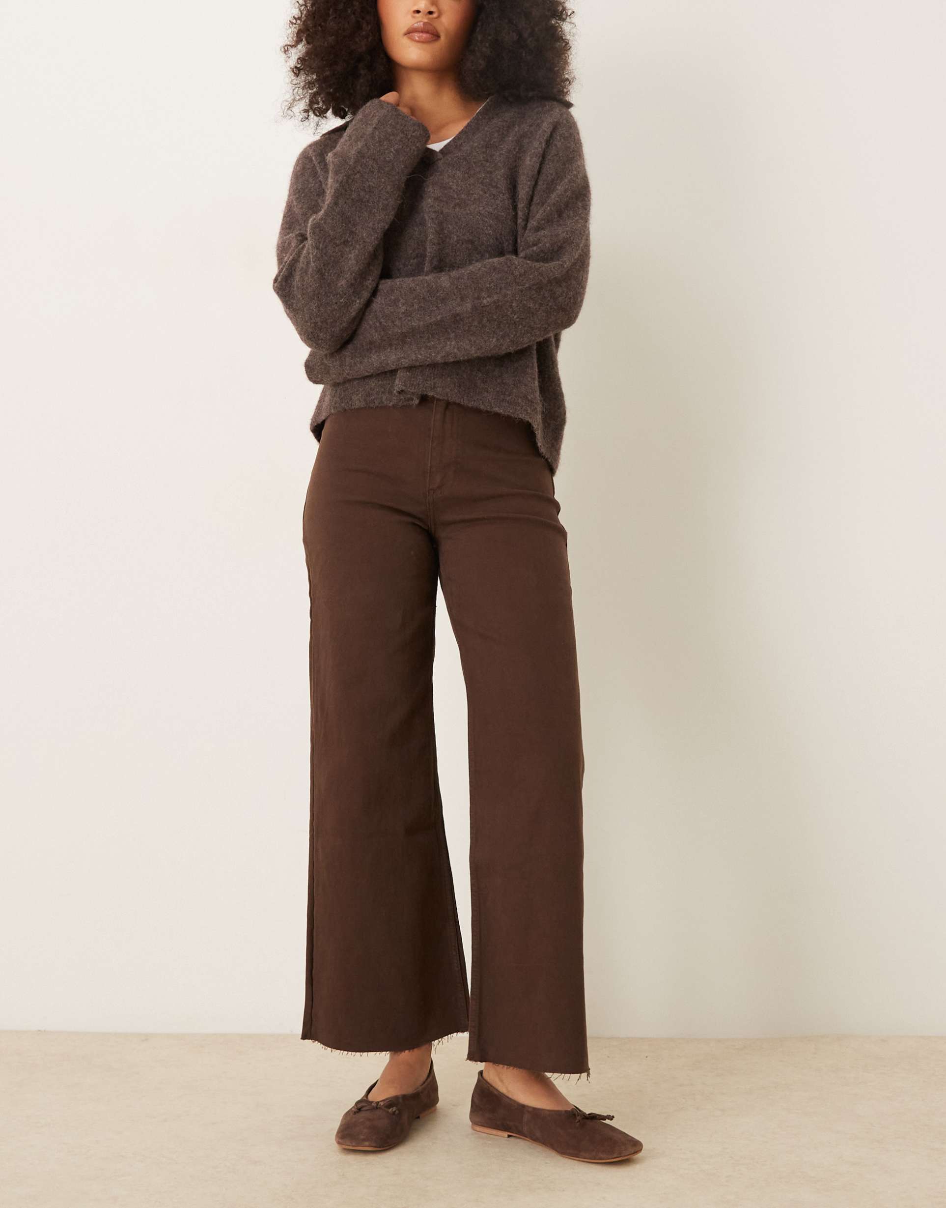 mango catherin cotton mix frayed hem straight jeans in brown