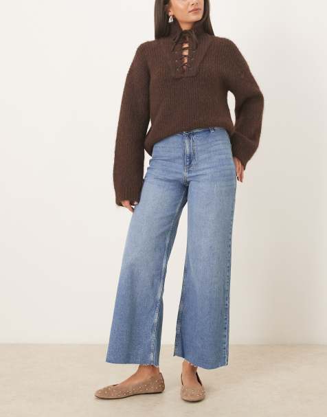 Mango – Catherin – Mellanblå, raka jeans med fransig fåll i bomullsmix - view 1