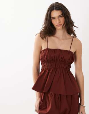 Mango Cbaperol cotton mix peplum hem strappy cami top in deep red - part of a se