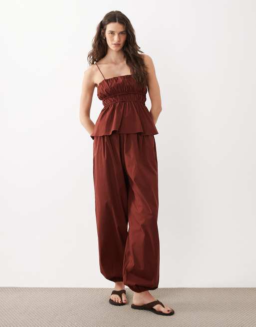 Mango Cbaperol cotton mix strappy cami peplum hem top co-ord in deep red, 2 of 4