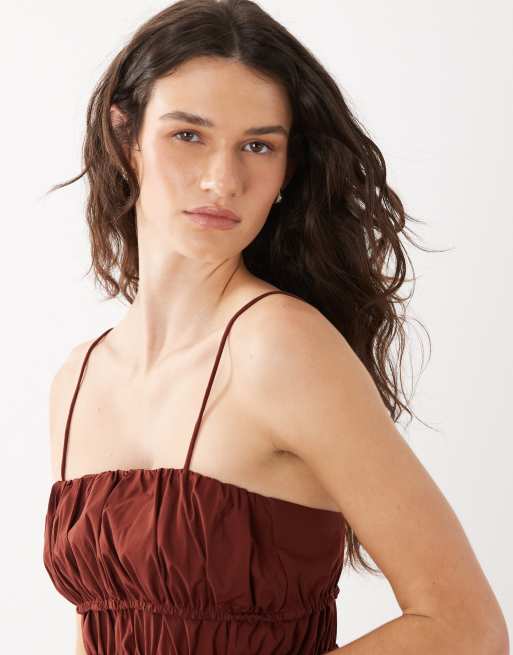Mango Cbaperol cotton mix strappy cami peplum hem top co-ord in deep red, 3 of 4