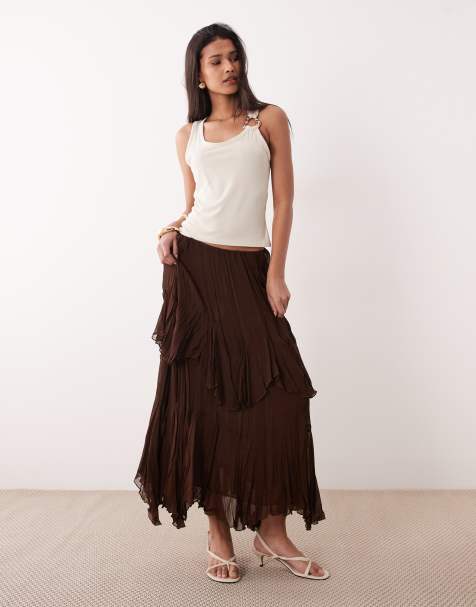 Mango Ceci ruffle maxi skirt in chocolate