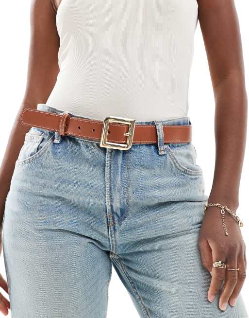 Mango - Ceinture à boucle carrée - Marron 